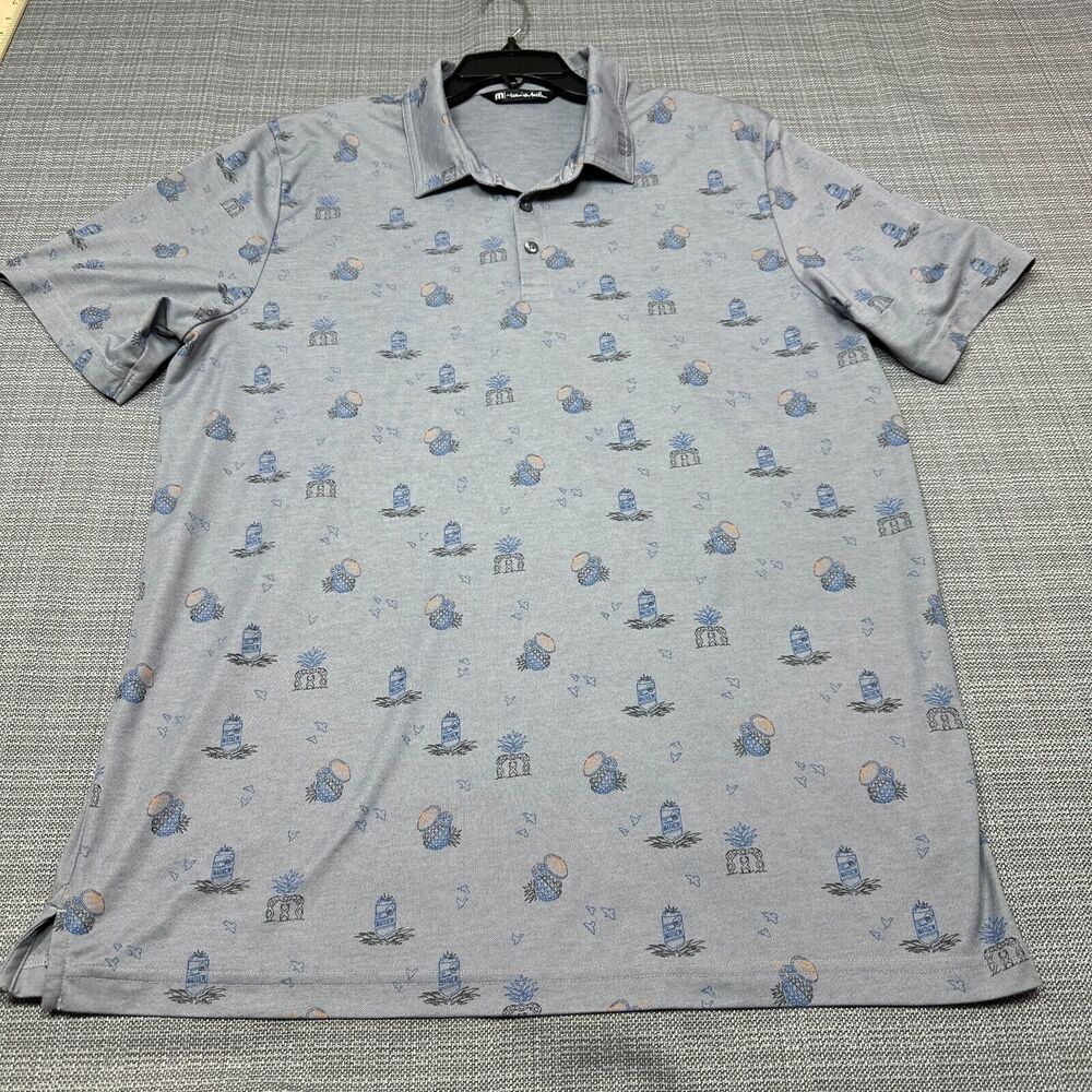Travis Mathew Polo Shirt XXL Blue Golf Allover Beer Margaritas Hawaiian Party